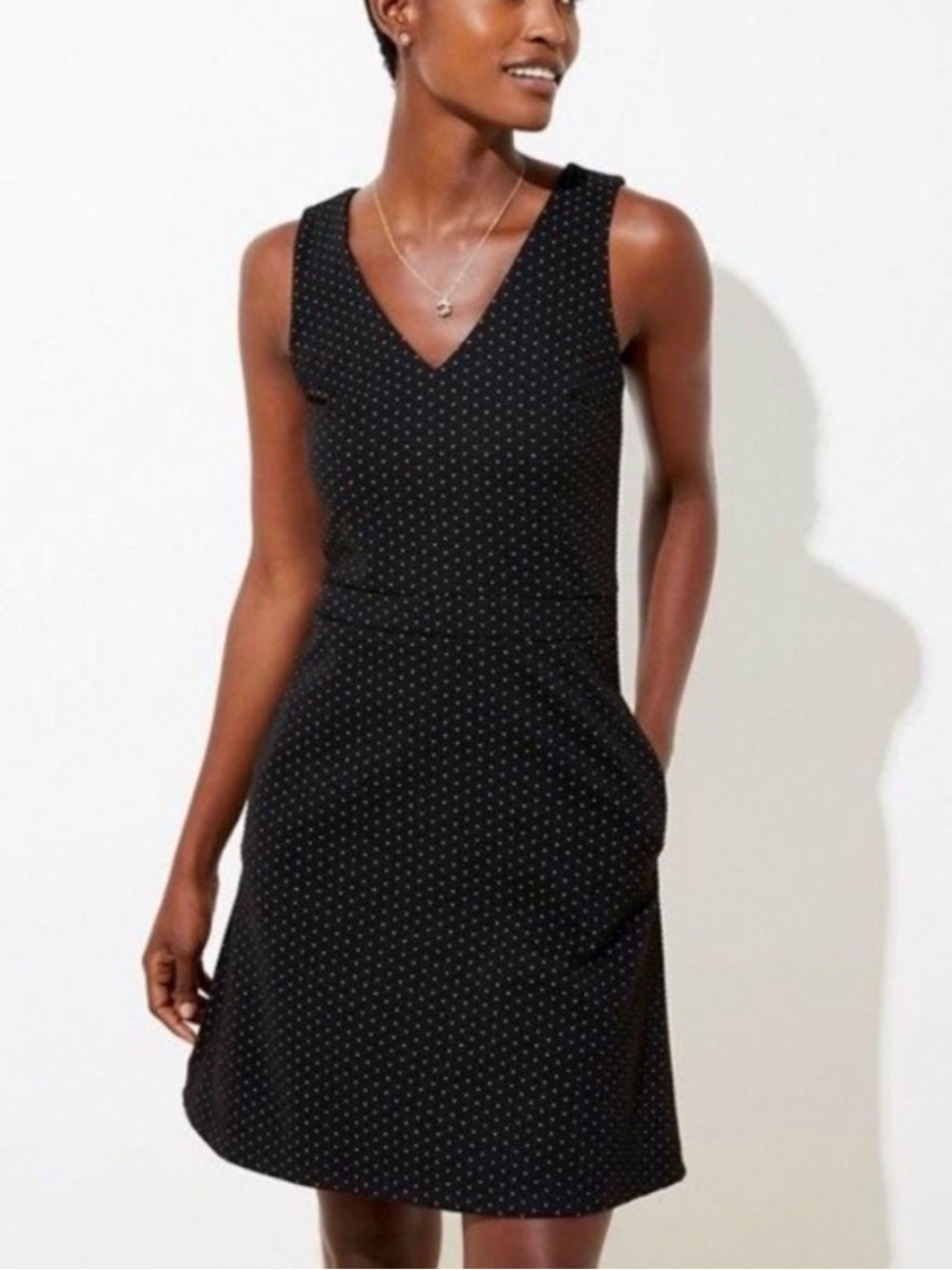 LOFT Black Sleeveless V-Neck Polka Dot Midi Dress with Pockets